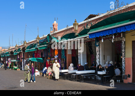 Local restaurants along the edge of Djemaa el Fna sqare, Marrakech, Morocco, North Africa Stock Photo