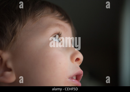 close up of two year old boy looking up through window, profile of face.