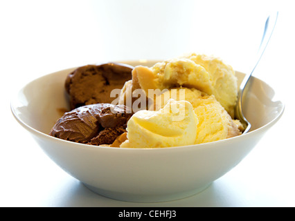 Vanilla and chocolate ice cream in white dish. Stock Photo