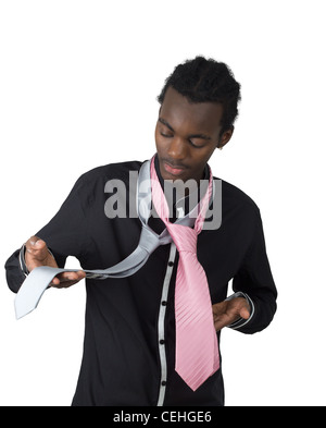 African American who hesitates between two tie pink gray hair isolated Stock Photo