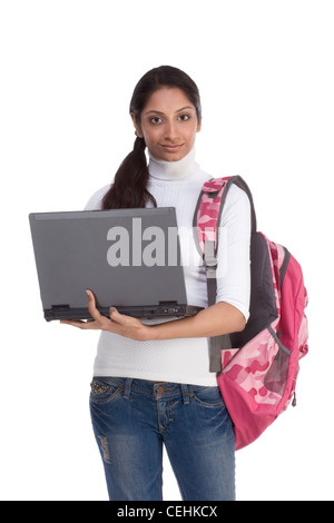 education series template - Friendly ethnic Indian woman high school student typing on portable computer Stock Photo
