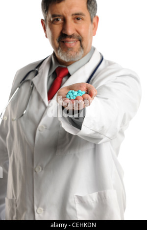 Portrait of Hispanic doctor wearing lab coat and stethoscope. Offering prescription, isolated on white background. Stock Photo