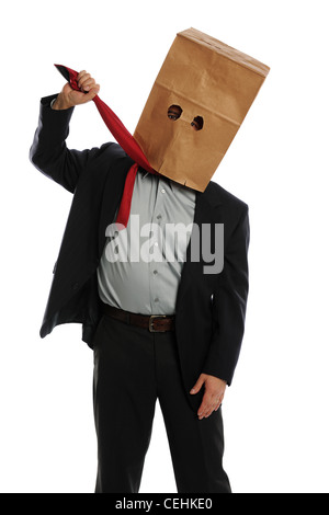 Unknown businessman with paper bag on head Stock Photo