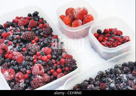 Plastic containers of frozen mixed berries in snow - still life Stock Photo