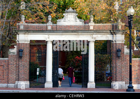 The Straus Gate, leading into Harvard Yard, the historic nucleus of the campus of Harvard University in Cambridge, MA. Stock Photo