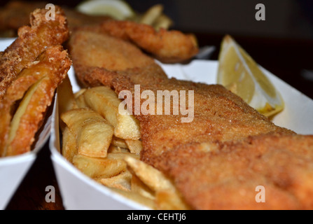 fish and chips, calamari, Chiko Roll, potato scallop, lemon fried seafood Stock Photo