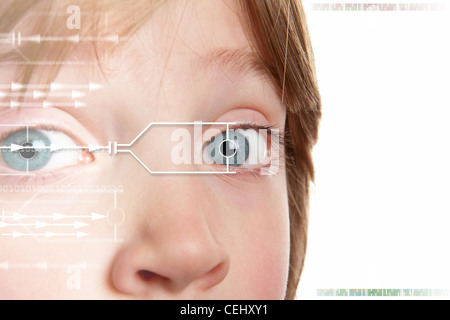 Iris scan, biometric scanning of eye retina for identification. Close-up of child pupil with high-tech graphic overlay  Stock Photo
