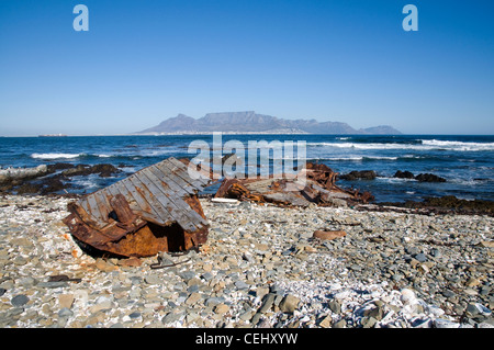 Shipwreck and View of Table Mountain from Robben Island,Cape Town,Western Cape Province Stock Photo