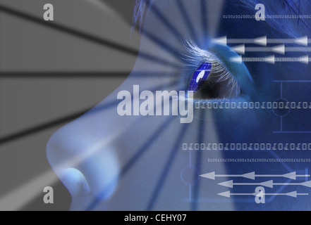 Iris scan, biometric scanning of eye retina for identification. Close-up of child pupil with high-tech graphic overlay  Stock Photo