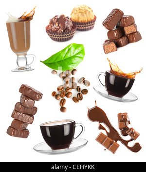 Hot coffee, beans and chocolate candy set on white background Stock Photo
