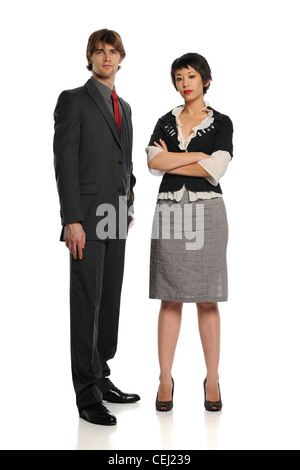 Businessman and Businesswoman standing isolated on a white background Stock Photo