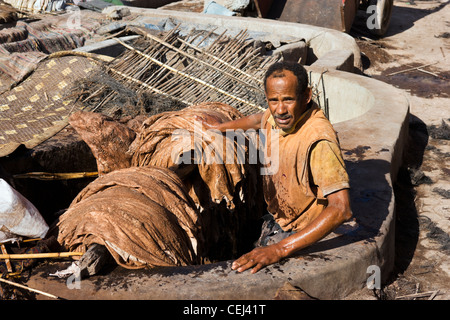 Local leather worker in the Tanneries, Medina district, Marrakech, Morocco, North Africa Stock Photo