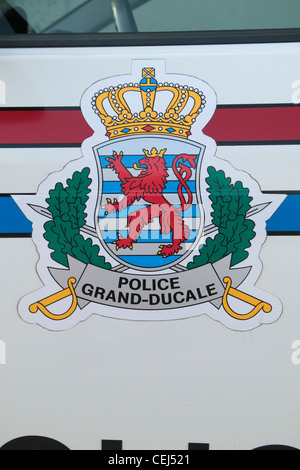 The coat of arms of Luxembourg incorporated into the Police logo on a Police car  in Luxembourg city, Luxembourg. Stock Photo