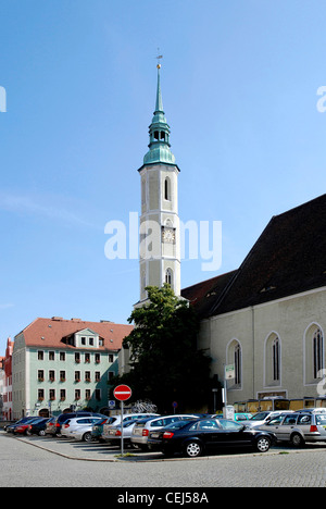 Square Obermarkt and the towers of church Saint Trinity of Goerlitz. Stock Photo