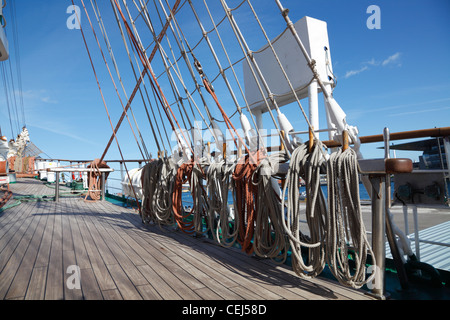 Rail, gunwale, stay, rig and coils of rope on the large Polish training ship Dar Mlodziezy visiting port  of Copenhagen, Denmark Stock Photo