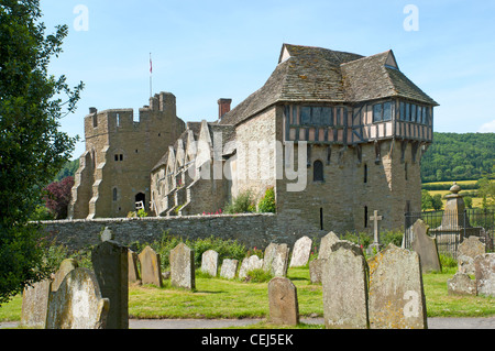 Stokesay Castle,  a fortified manor house in Stokesay,Shropshire.Seen from the churchyard of St John the Baptist church. Stock Photo