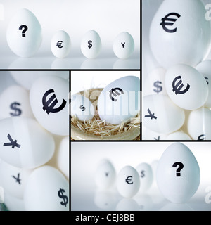 Various currency symbols being painted on eggs Stock Photo