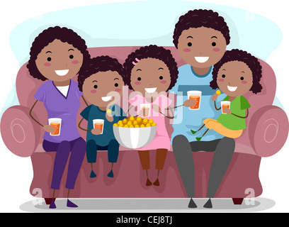 Illustration of a Family Watching a Television Show Together Stock Photo