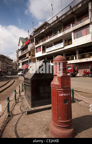 India, West Bengal, Ghoom, Hill Cart Road, historic red postal pillar box Stock Photo