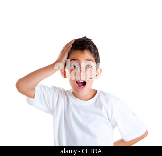 children nerd kid boy with glasses and silly expression isolated on white Stock Photo
