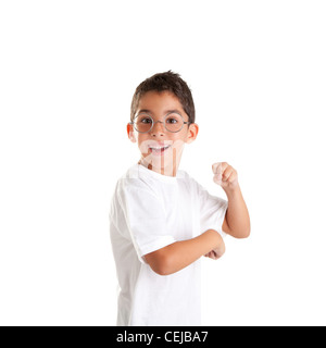 children nerd kid boy with glasses and happy expression isolated on white Stock Photo