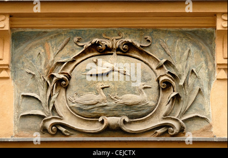 Prague, Czech Republic. Traditional House Sign. Ducks - at Husova 13 - Mid-Bohemian Gallery Stock Photo