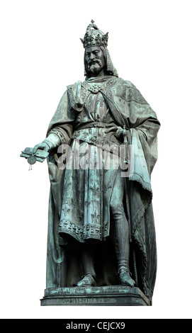 Prague, Czech Republic. Statue of Charles IV at the eastern end of Charles bridge in Krizovnicke namesti Stock Photo