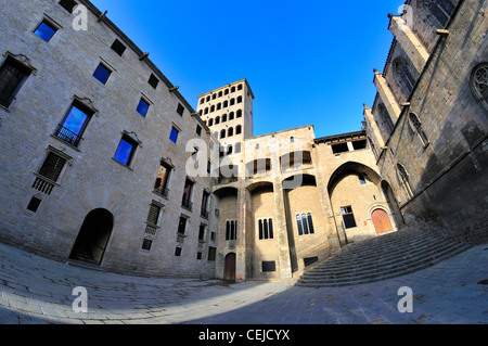 Barcelona, Spain. Placa del Rei in Barri Gotic. Fish-eye view Stock Photo