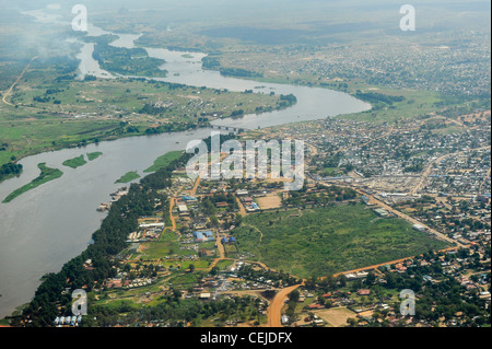 SOUTH SUDAN, aerial view of capital Juba at river white Nile and Nile bridge, Nile port with cargo and passenger ships Stock Photo