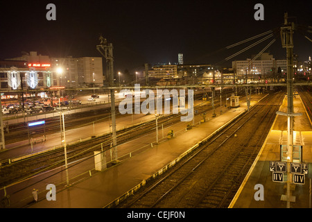 Empty Limoges train station illuminated at night, France Stock Photo