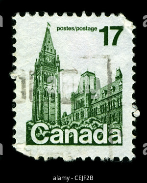 CANADA-CIRCA 1979:A stamp printed in CANADA shows image of The Centre Block (in French: Édifice du centre) is the main building of the Canadian parliamentary complex on Parliament Hill, in Ottawa, Ontario, circa 1979. Stock Photo