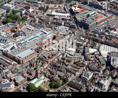 Aerial image of Leicester city centre looking down the High Street with Highcross Shopping Centre on the left & Leicester Market om the right Stock Photo