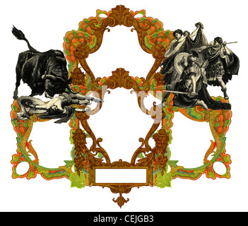 Luxurious Victorian frame with gladiator and bull. Stock Photo