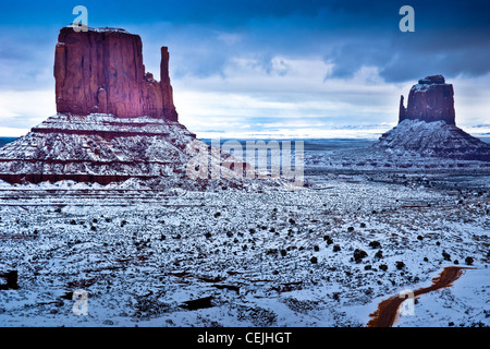 A rare captured snowfall across Monument Valley Tribal Park in Northern Arizona. Stock Photo
