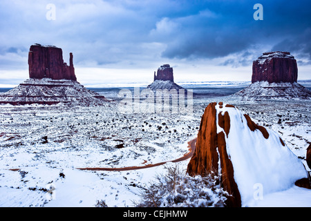 A rare captured snowfall across Monument Valley Tribal Park in Northern Arizona. Stock Photo