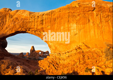 From the east side of North Window you can photograph Turret Arch. Great sunrise shot. Arches National Park, Utah. Stock Photo