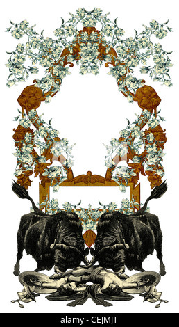 Luxurious Victorian frame with gladiator and bull. Stock Photo