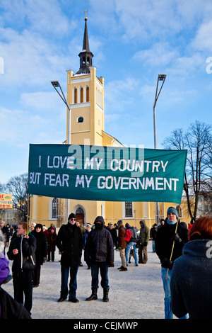 People holding a sign at the protest against the Anti-Counterfeiting Trade Agreement in Tallinn, Estonia Stock Photo