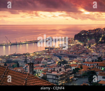 Rooftop view at sunset over Funchal, Madeira, Portugal. Stock Photo