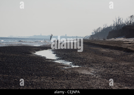 A couple walk along the beach at Benacre, towards the stump of an old tree, now in  the sea, Suffolk, England Stock Photo