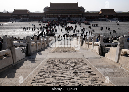 marble slab dragon carving Forbidden City China Beijing Palace Museum ceremonial ramp Imperial Way symbolic bas-relief carving Stock Photo