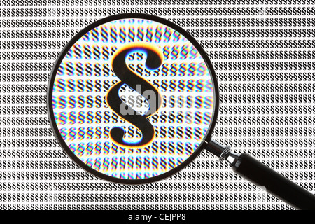 Magnifying glass highlighting a  paragraph symbol, § sign. Symbolic image. Stock Photo