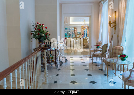 Paris, France, Inside Luxury palace Hotel 'Le Bristol,' Empty Hallway leading to Restaurant, fancy hotel interior design on floor Stock Photo