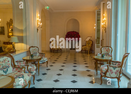 Paris, France, Inside Luxury palace Hotel 'Le Bristol' Palace Empty Hallway WIth French Furniture, Chairs, interior design furniture Stock Photo