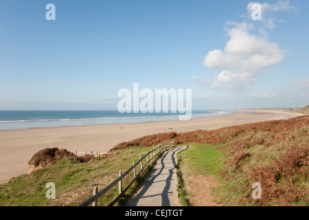 Steps leading to the beach at Rhossili Bay, Gower Peninsula, South Wales Stock Photo