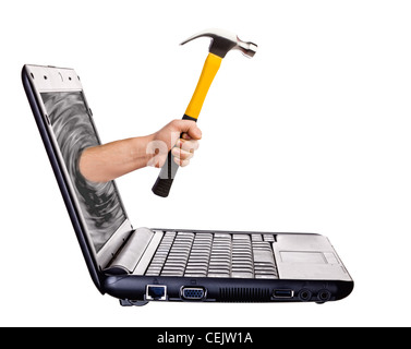 Hammer in hand sticking out of monitor isolated on white - online helping hand Stock Photo