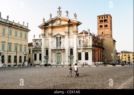 Baroque style Carrara marble facade and Gothic bell tower. Cathedral of Saint Peter the Apostle. Piazza Sordello, Mantua, Italy Stock Photo