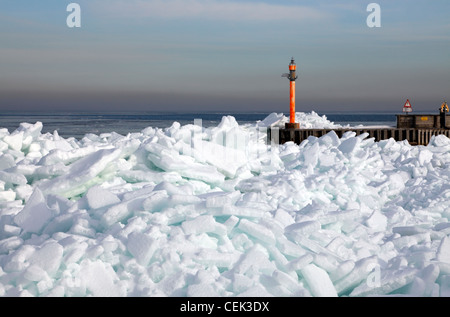 An extremely cold spell with hard frost and onshore wind has packed the ice in the Øresund (Oresund) sound at Rungsted Harbour near Copenhagen Stock Photo