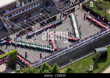 Aerial image of a street party at a school in Wimbledon, William Royal Wedding 2011 Stock Photo