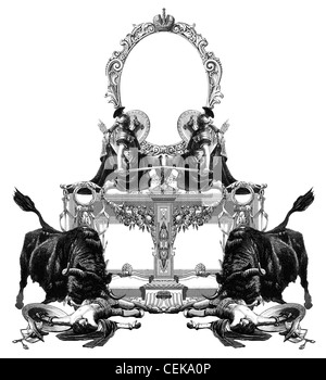 Luxurious Victorian frame with gladiator and bull. Stock Photo